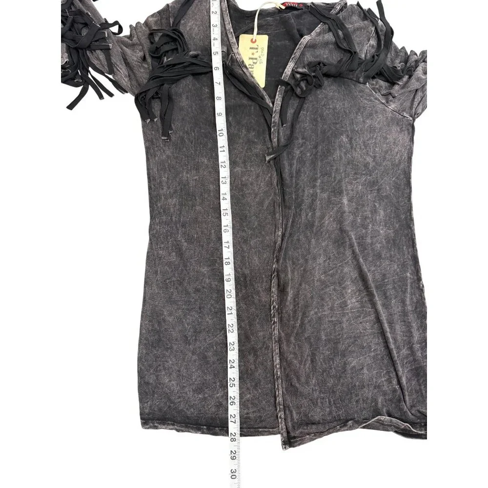 T Party Open Front Cardigan Fringe Washed Black Long Sleeve Womens Size M NEW - Picture 6 of 7